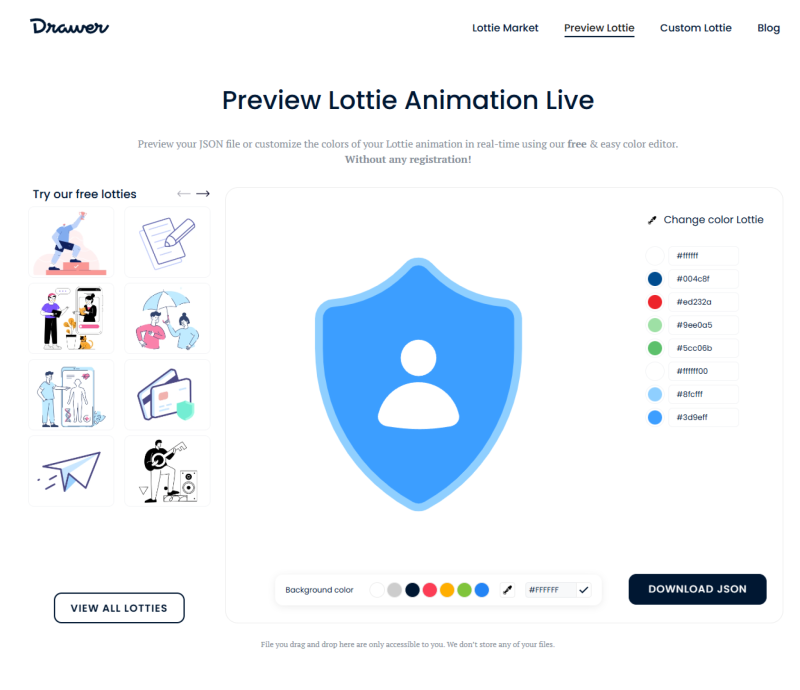 drawer.design Preview Lottie Animation Live page with a colour editor